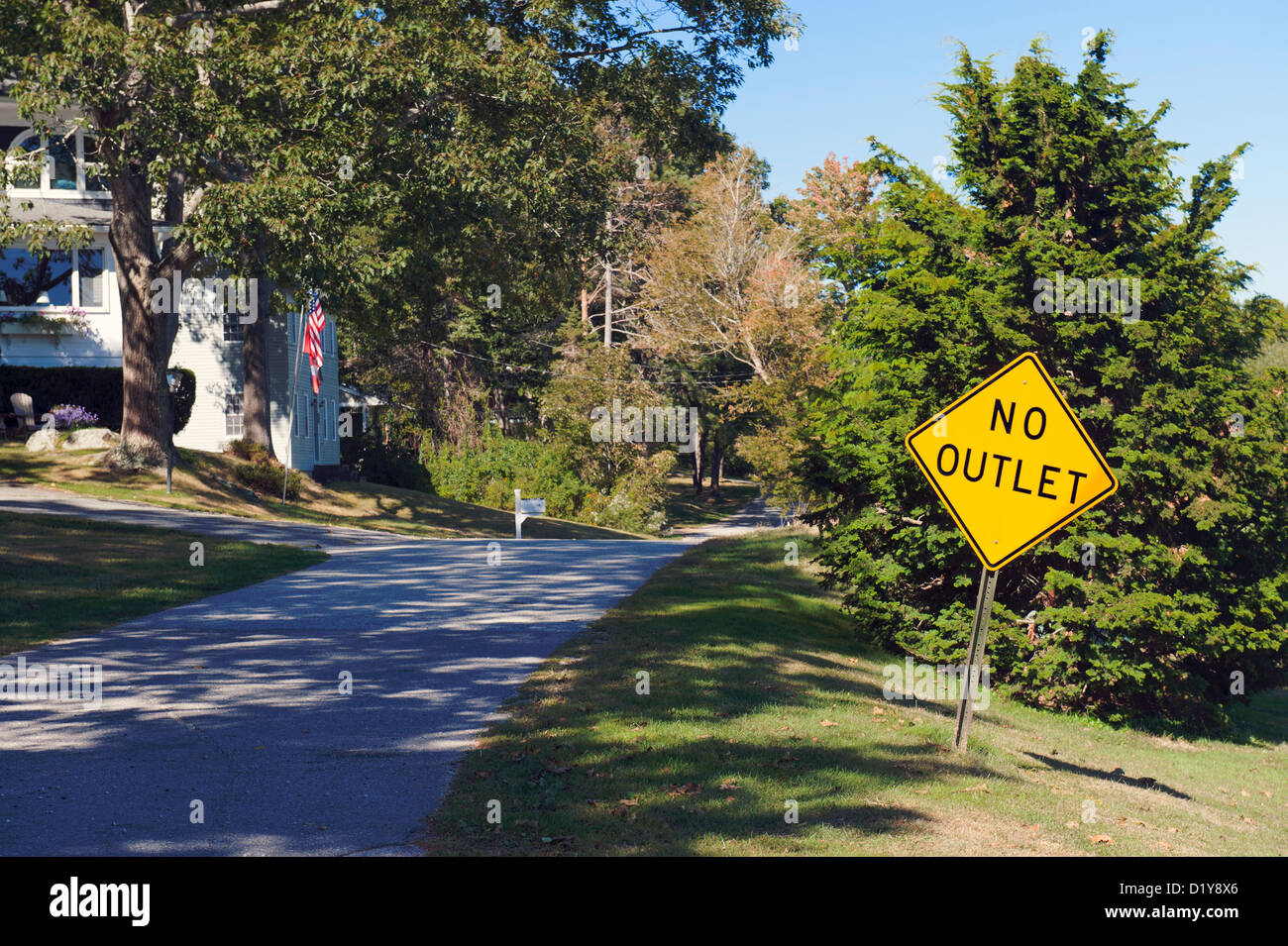 No outlet sign on a small street in Kennebunk Beach, Maine, USA. Stock Photo