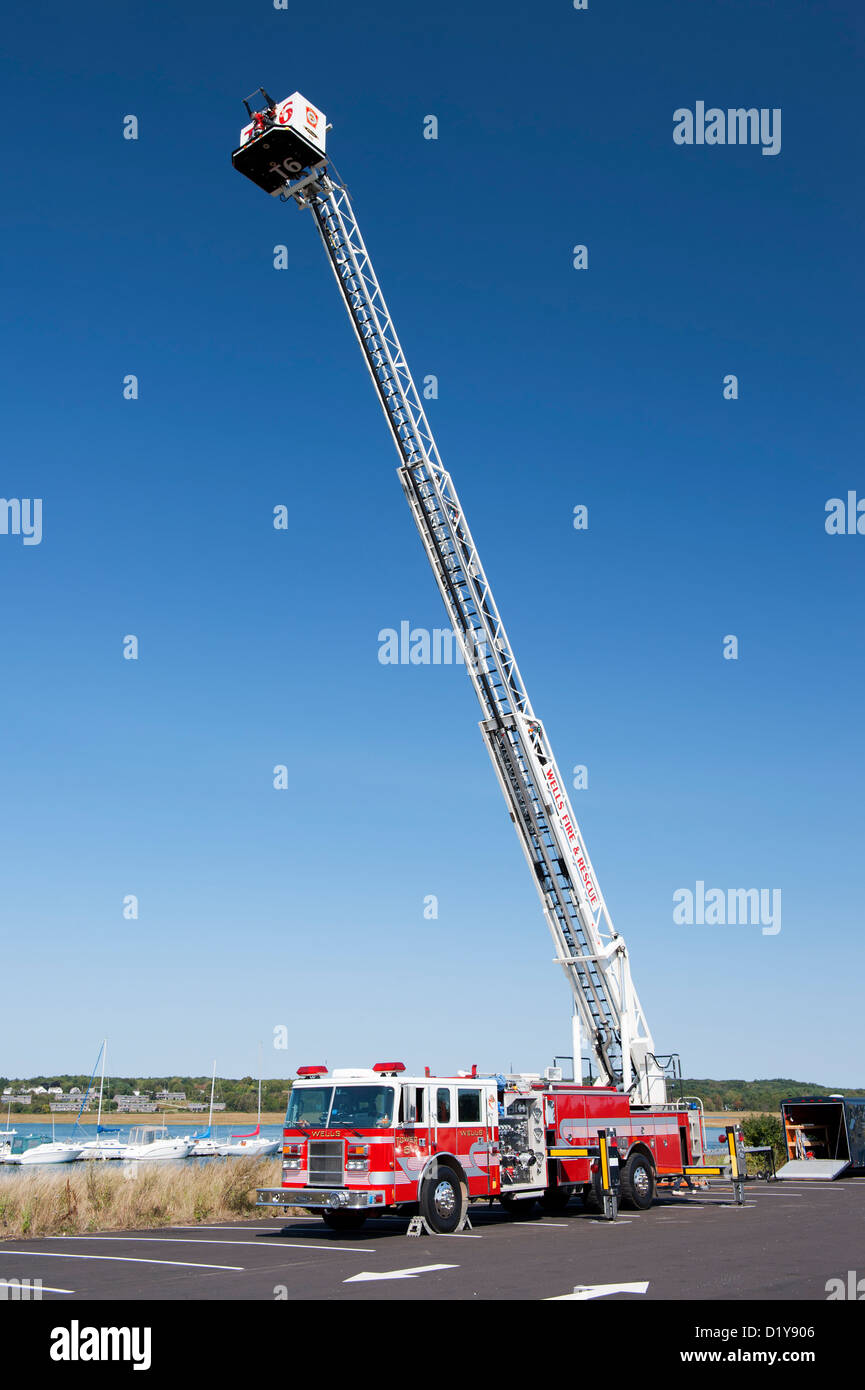 Pierce fire truck with extended ladder. Stock Photo