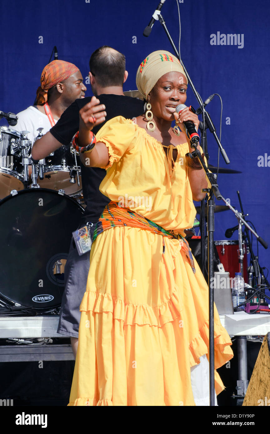 Black woman singing during the Nuits d'Afrique festival in Montreal, province of Quebec, Canada. Stock Photo