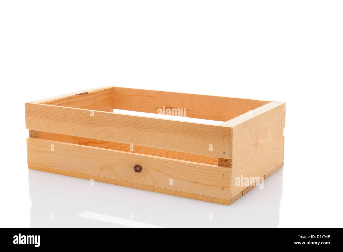 Closeup of an empty wooden shipping crate isolated on white. Stock Photo