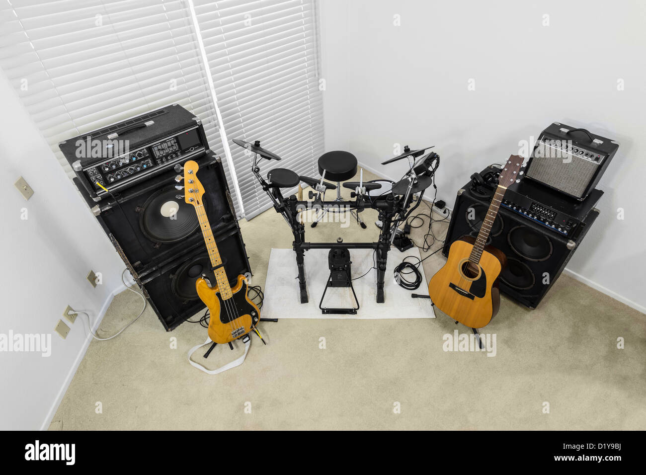 Rock music room inside a modern suburban home. Stock Photo