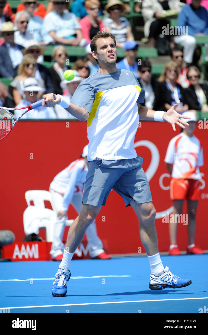 09.01.2013 Melbourne, Australia. Paul-Henri Mathieu of France in action in his match during the AAMI Classic Tennis from the Kooyong Lawn Tennis Club. Stock Photo