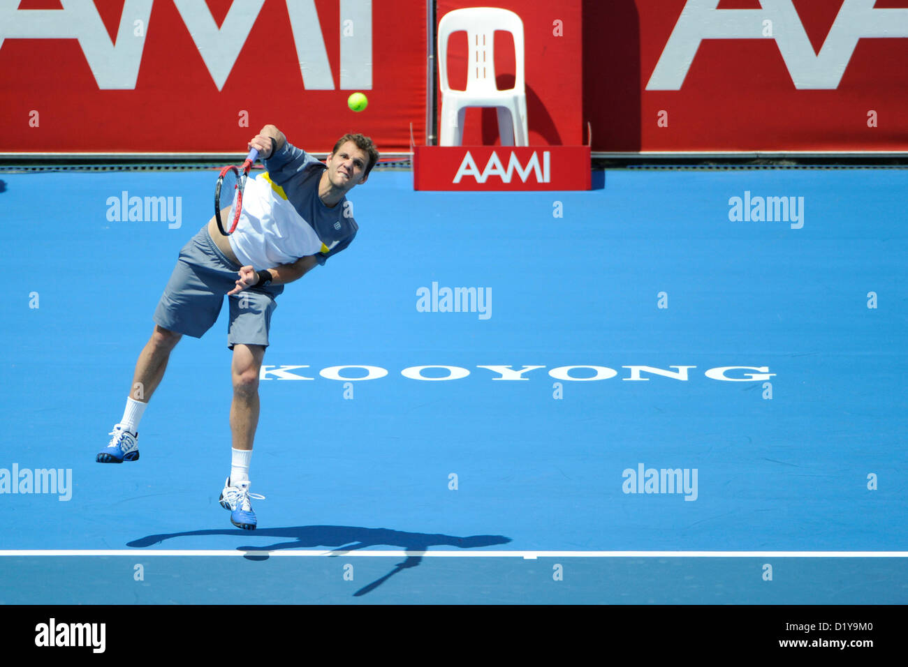 09.01.2013 Melbourne, Australia. Paul-Henri Mathieu of France in action in his match during the AAMI Classic Tennis from the Kooyong Lawn Tennis Club. Stock Photo