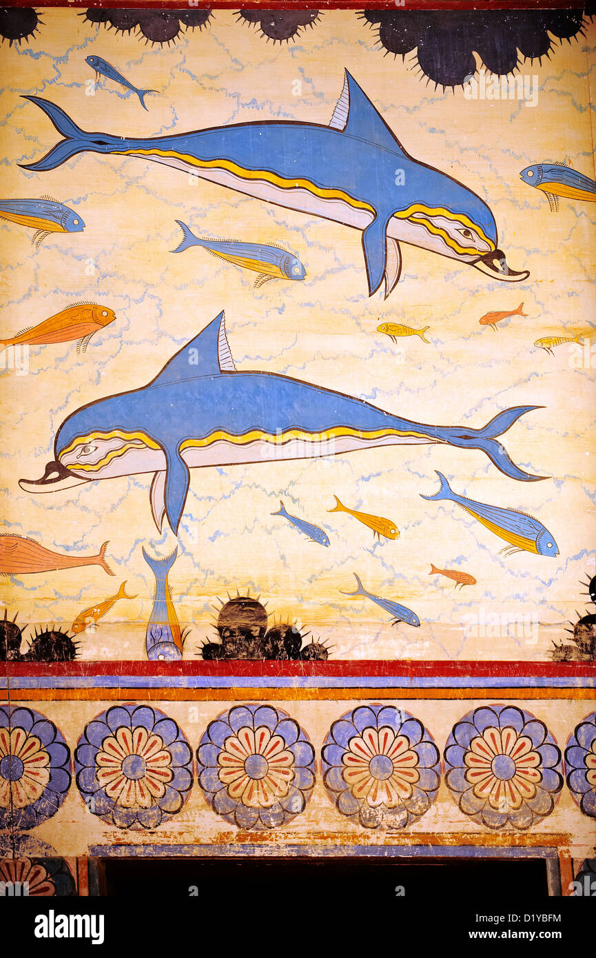 Arthur Evans reconstruction of the Dolphin Frescos, Knossos Minoan archaeological site, Crete Stock Photo