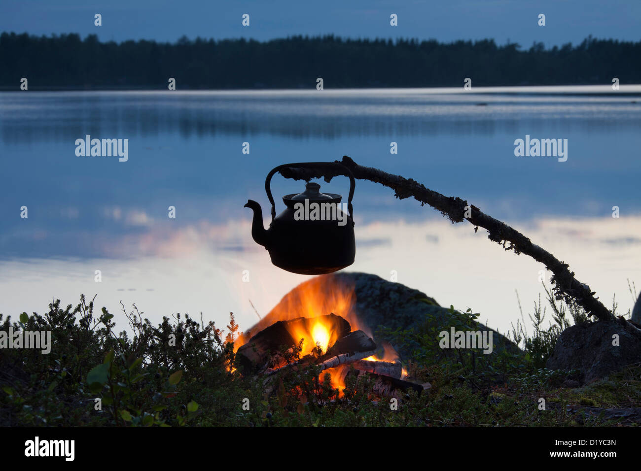 Tin kettle on the camp fire, Sweden Stock Photo Alamy