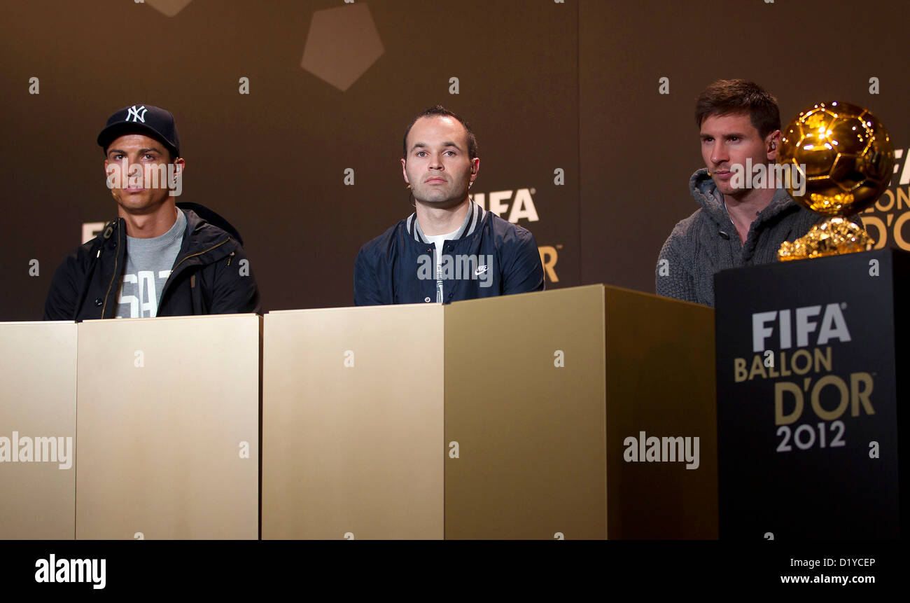 Cristiano Ronaldo, Andres Iniesta, Lionel Messi, during the Press Conference with nominees for World Player of the Year and World Coach of the Year for Men's Football on January 7, 2013 at Congress House in Zurich, Switzerland. Foto: S.Lau Stock Photo