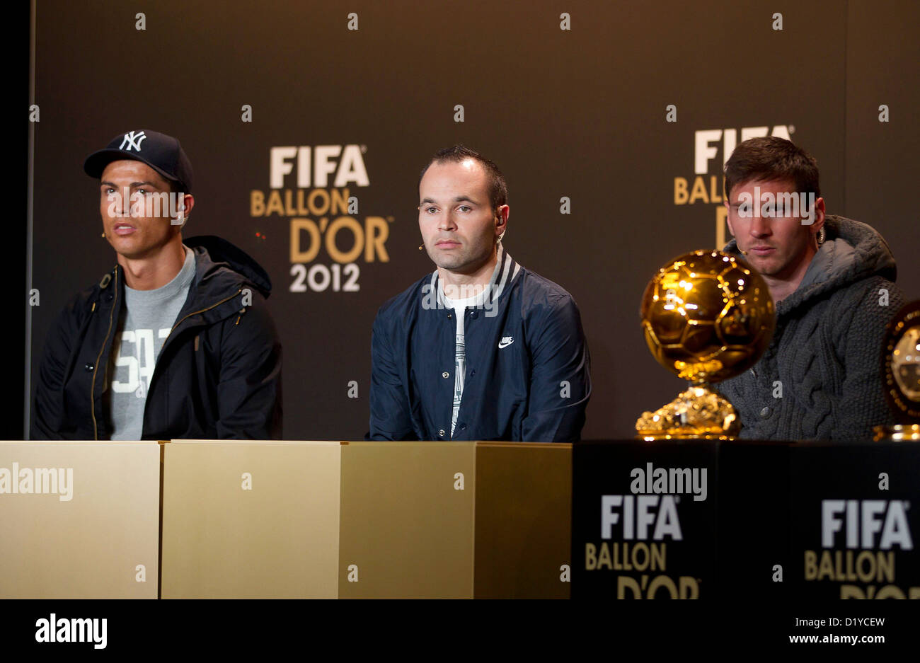 Cristiano Ronaldo, Andres Iniesta, Lionel Messi, during the Press Conference with nominees for World Player of the Year and World Coach of the Year for Men's Football on January 7, 2013 at Congress House in Zurich, Switzerland. Foto: S.Lau Stock Photo