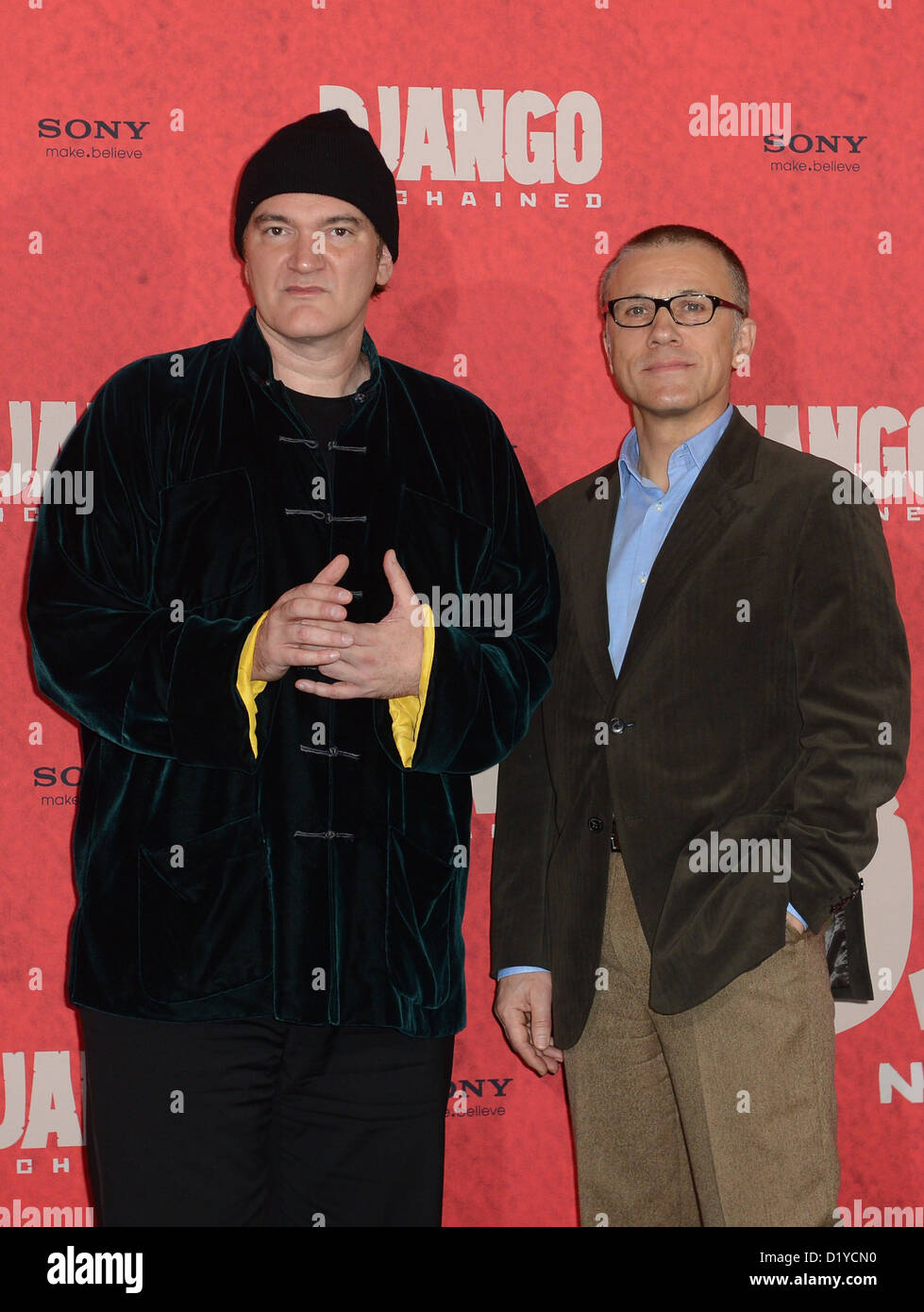 US film director Quentin Tarantino (L) and German-Austrian actor Christoph Waltz pose during a photocall for their new film 'Django Unchained' in Berlin, Germany, 08 January 2013. The film is expected to his the screen in Germany on 17 January 2013. Photo: Britta Pedersen dpa Stock Photo