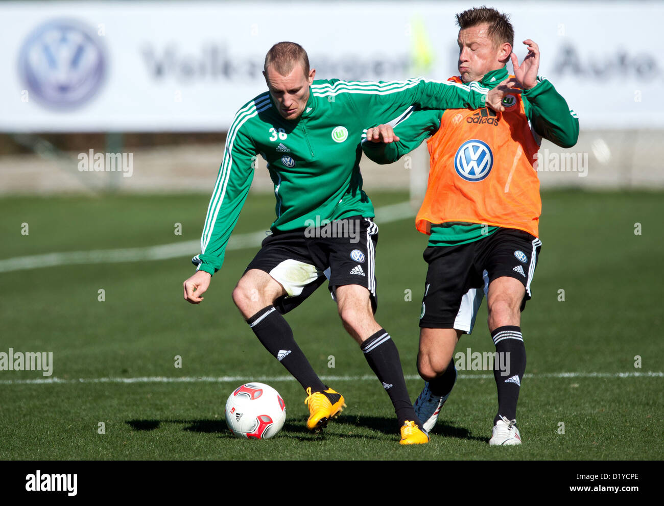 Wolfsburg's Thomas Kahlenberg (L) and Ivica Olic take part in practice at VfL Wolfsburg's training camp in Belek, Turkey, 08 January 2013. Photo: SOEREN STACHE Stock Photo