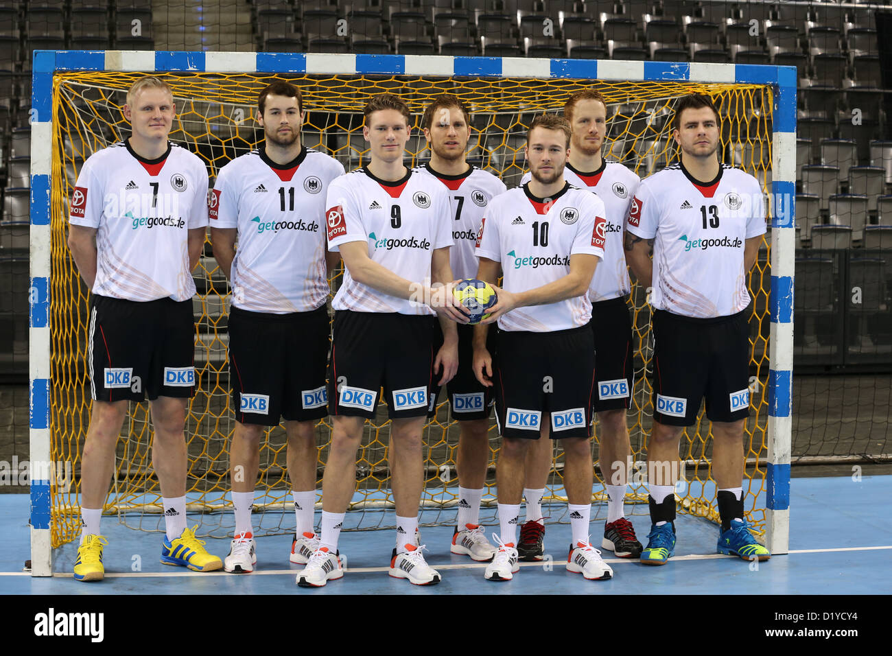 Germany's new arrivals Patrick Wiencek (L-R), Steffen Faeth, Tobias Reichmann, Steffen Weihnhold, Kevin Schmidt, Stefan Kneer and Christopher Theuerkauf pose during a photo session at the Porsche Arena in Stuttgart, Germany, 08 January 2013. Photo: THOMAS NIEDERMUELLER Stock Photo