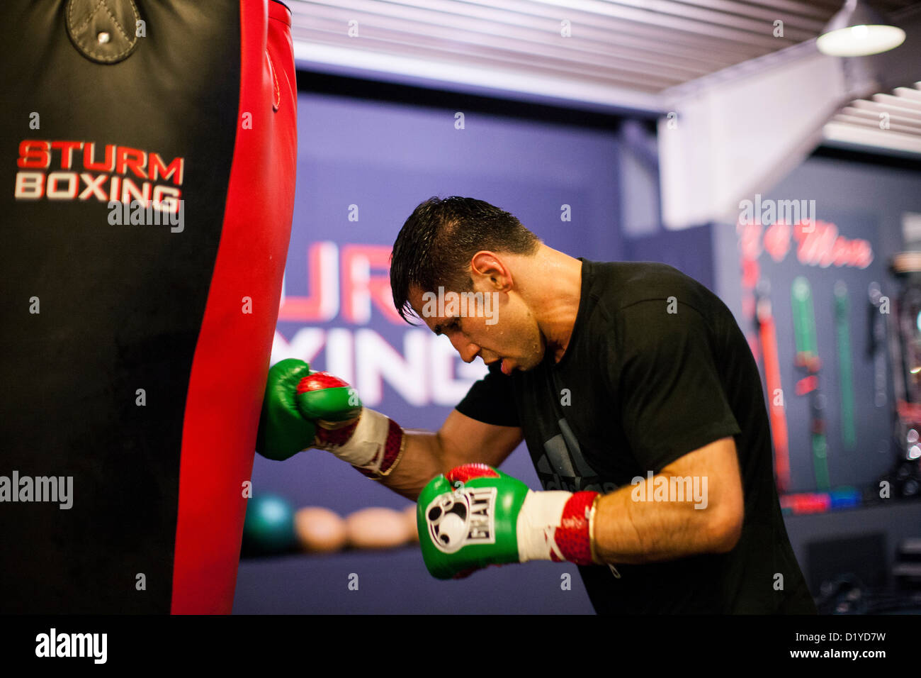 German boxing professional Felix Sturm prepares for the fight against Australian boxer Soliman in his gym in Cologne, Germany, 08 January 2013. The world championship fight will take place at ISS Dome in Duesseldorf on 01 February. Photo: Rolf Vennenbernd Stock Photo