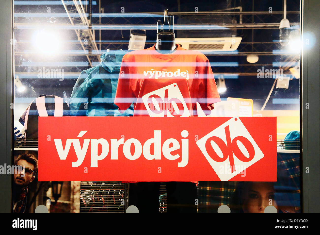 Sales signs displayed windows of shopping malls during post Christmas