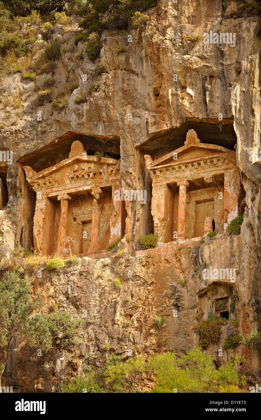 The Lycian temple fronted Tombs of Kaunos, 4th - 2nd cent. B.C , just outside the archaeological site of Kounos , Daylan, Turkey Stock Photo