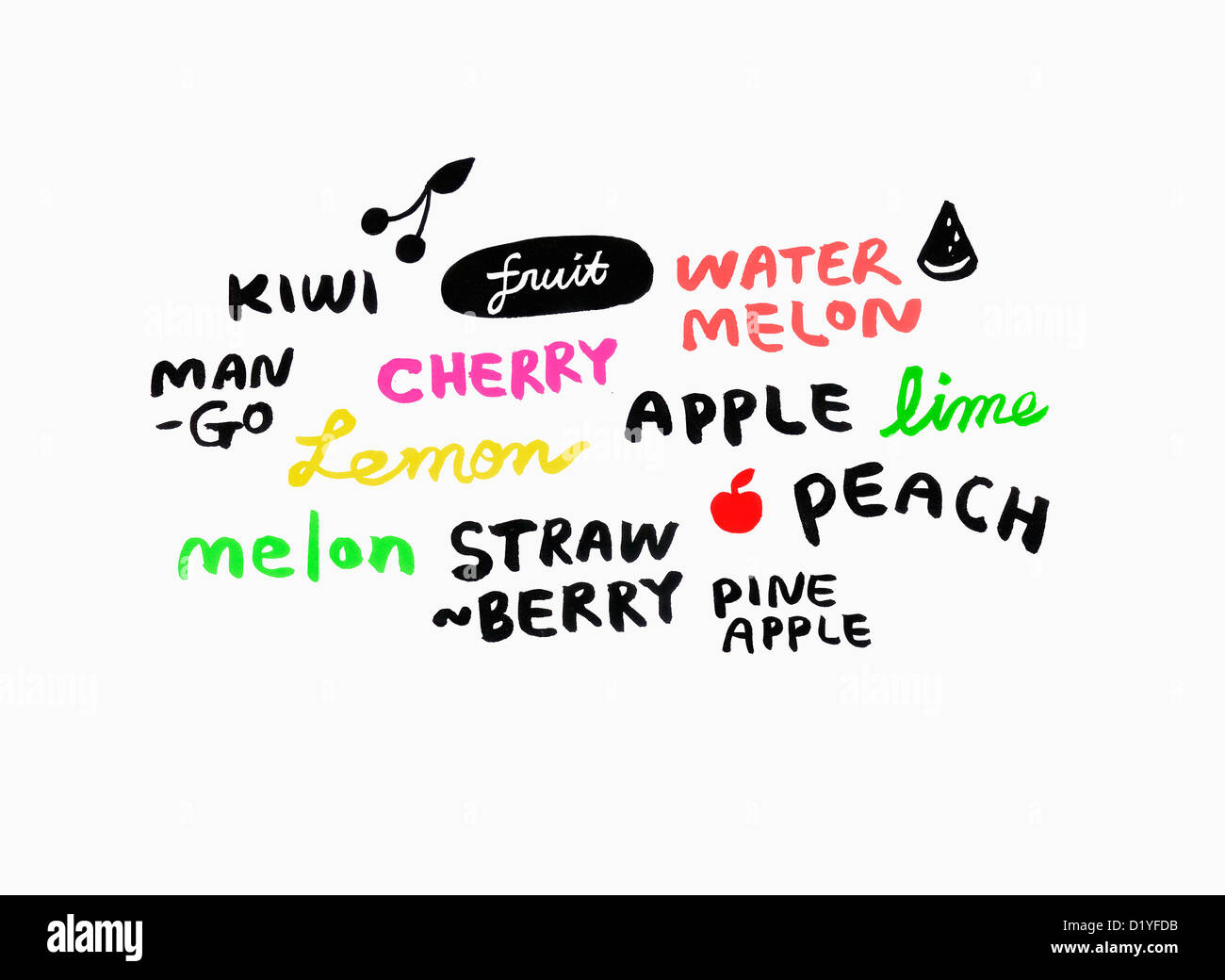 fruits written in different fonts and colours Stock Photo - Alamy