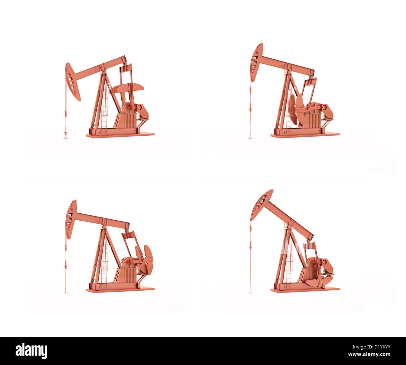 Oil pumps in different stages of movement isolated on white oil and