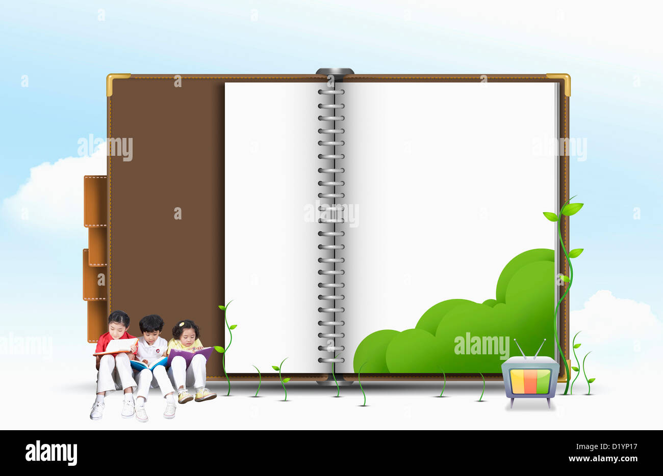 kids studying with books while sitting in front of a giant diary Stock Photo