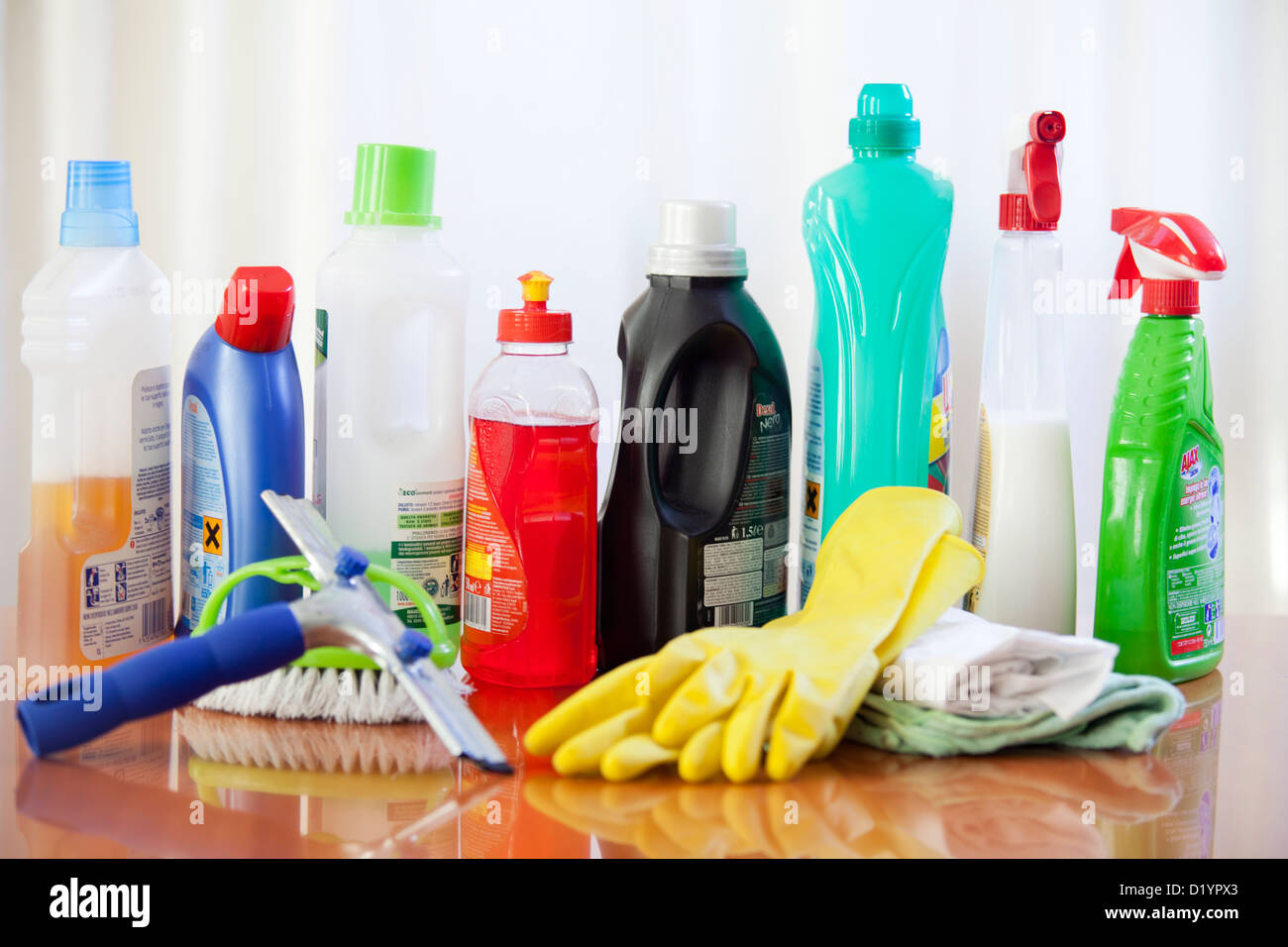 CLEANING SUPPLIES BOTTLES CHEMICAL DETERGENT Stock Photo