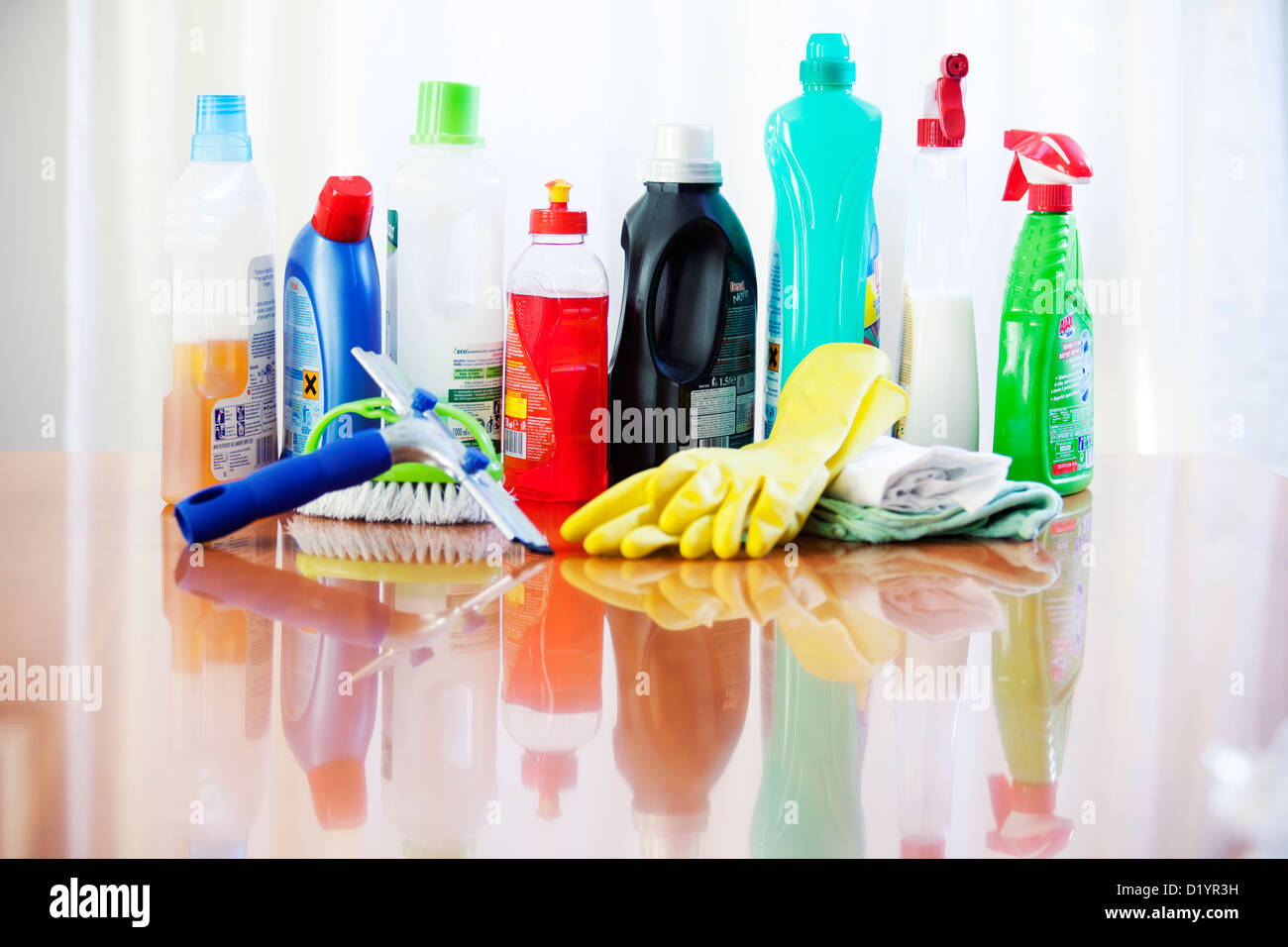 CLEANING SUPPLIES BOTTLES CHEMICAL DETERGENT Stock Photo