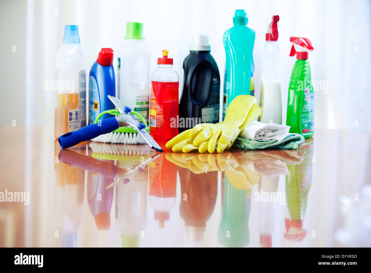 CLEANING SUPPLIES BOTTLES CHEMICAL DETERGENT Stock Photo