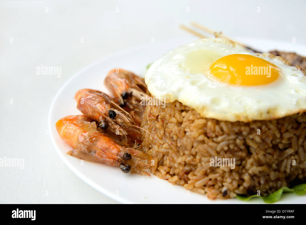 A close up shot of Indonesian Fried Rice “Nasi Goreng” dish with white seamless background. Stock Photo