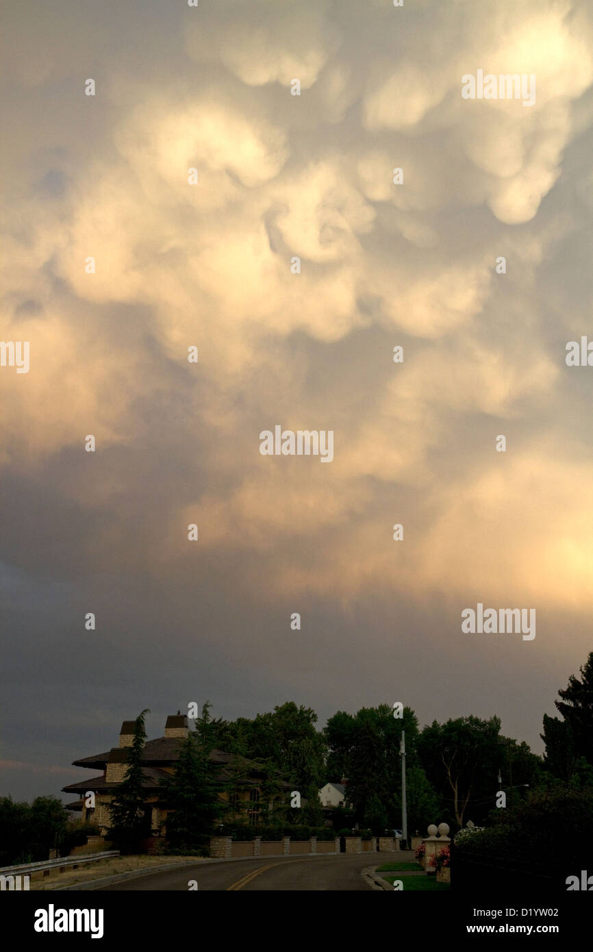 Mammatus clouds drooping with moisture over Boise, Idaho, USA. Stock Photo