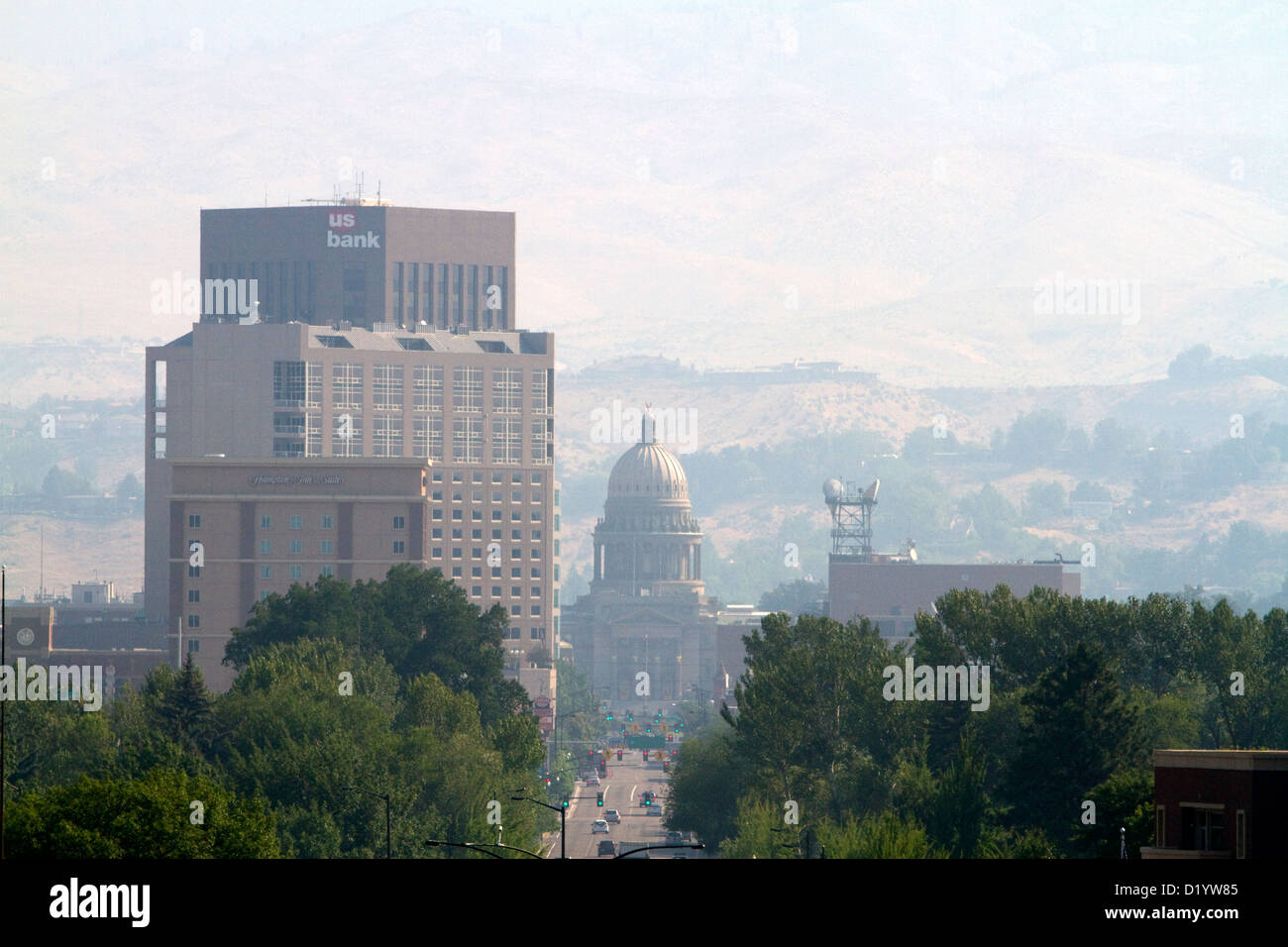 Air pollution from forest fires in Boise, Idaho, USA. Stock Photo