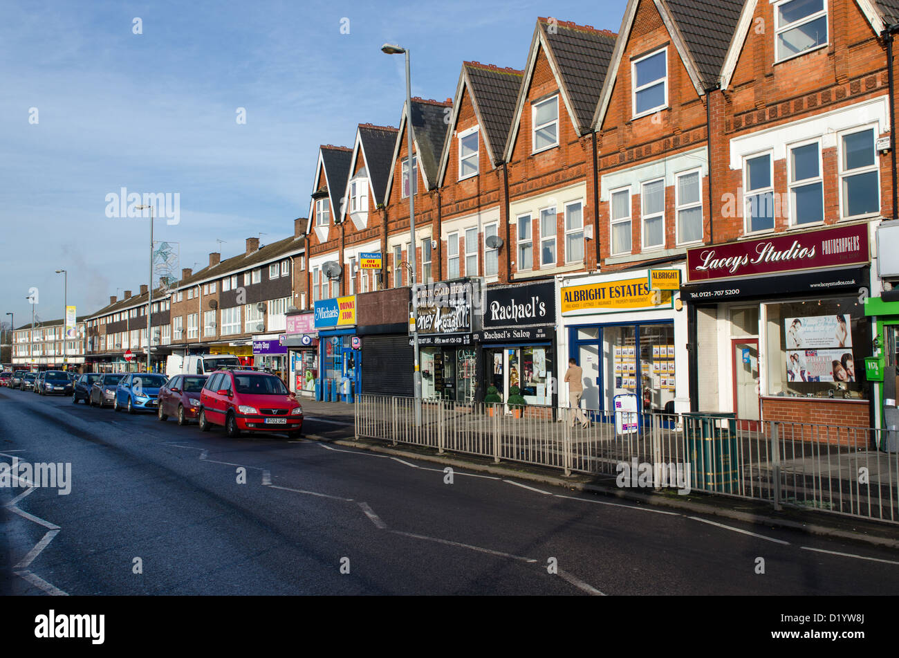 Row of shops on the Warwick Road in Acocks Green, Birmingham Stock