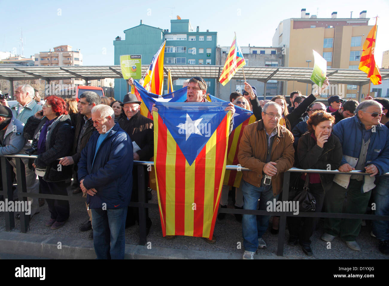 Inauguration of the AVE from Barcelona to french border. People manifest against government mortgage policy Stock Photo