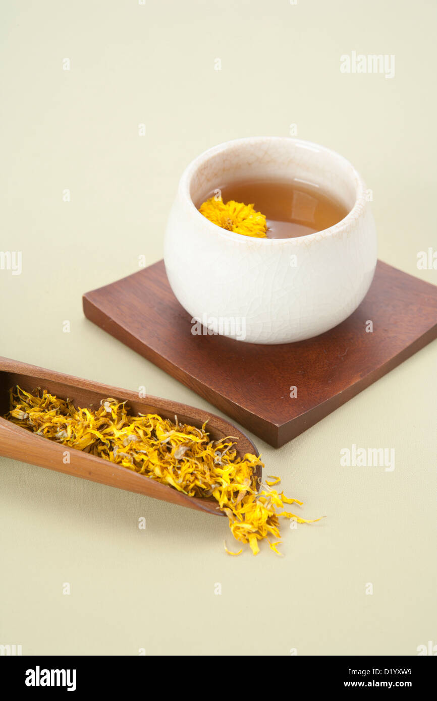yellow chrysanthemums flower tea in a mug cup Stock Photo