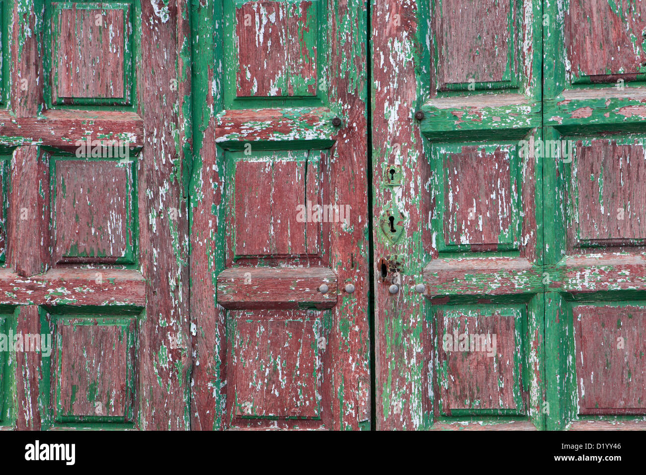 Canarian Canary Pine, wooden double doors, La Laguna, Tenerife, Canary Islands. Stock Photo
