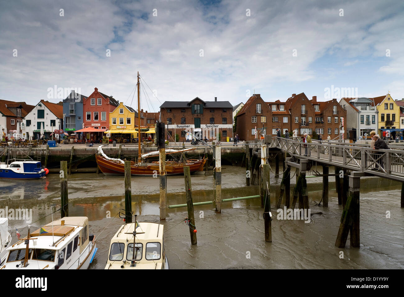 Harbour in Husum under clouded sky, Northern Frisia, Schleswig-Holstein, Germany, Europe Stock Photo