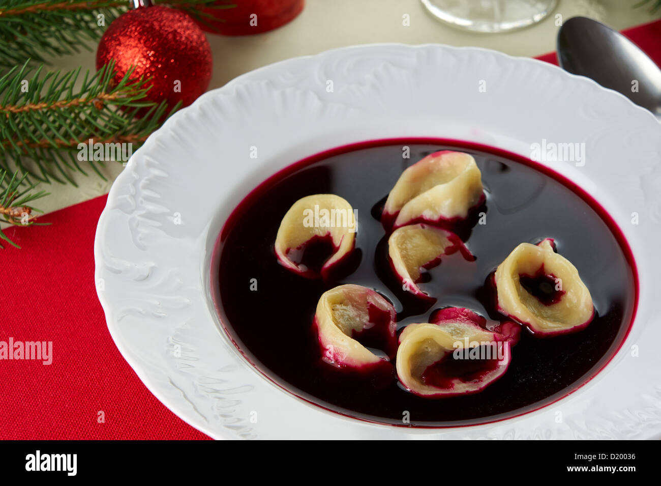 Red Borscht Czerwony Barsz With Mushroom Dumplings Traditional Polish Christmas Eve Dinner Supper Stock Photo Alamy