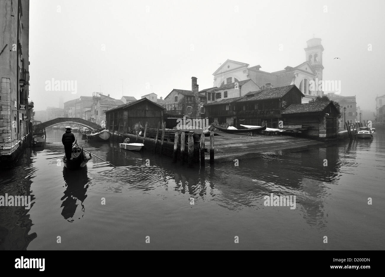 Fog, gondola, gondola dockyard of San Trovaso, Venice, Italy Stock Photo