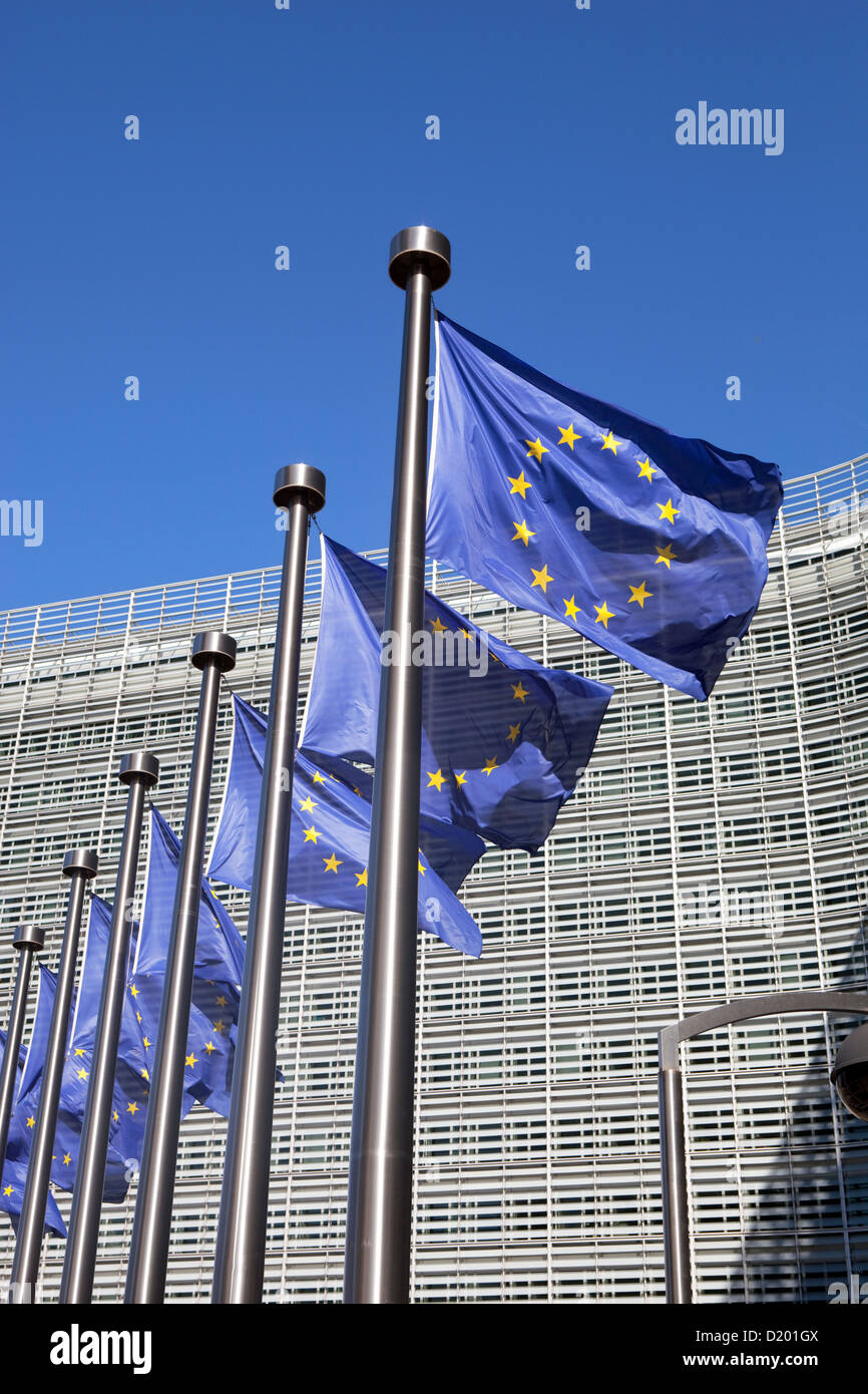 Brussels, Belgium European flags in front of the Berlaymont building Stock Photo