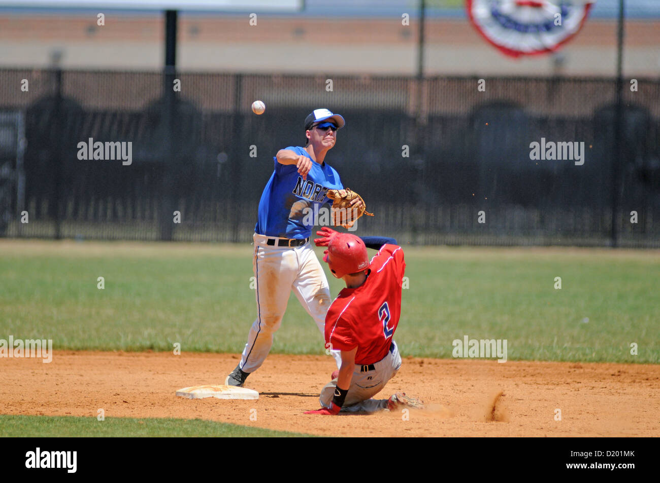 Baseball Second baseman throws to first base on double play. USA. Stock Photo