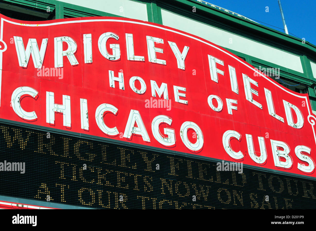 USA Illinois Chicago Wrigley Field marquee above the main entrance at Clark and Addison Streets. Chicago, Illinois, USA. Stock Photo