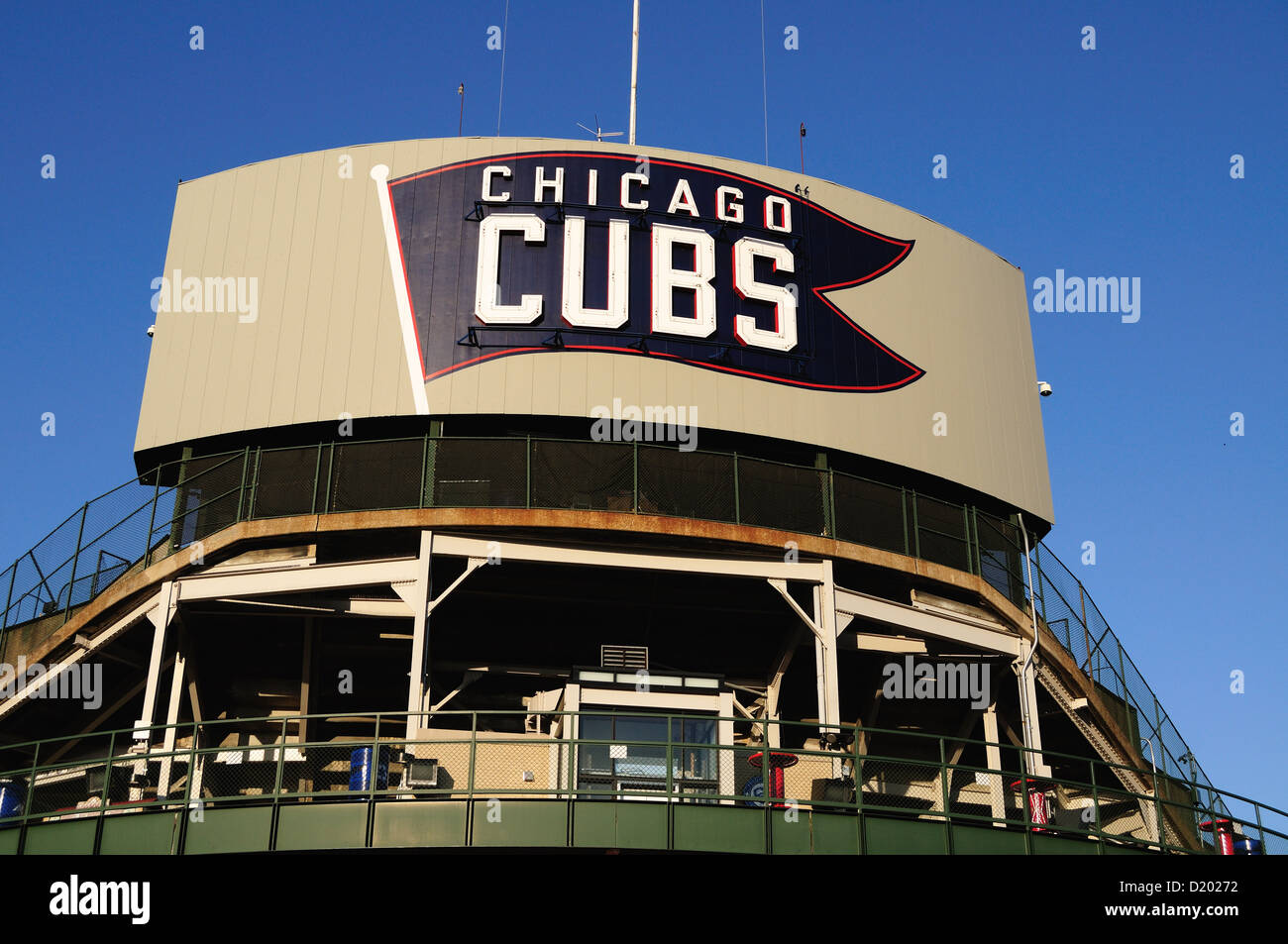 USA Illinois Chicago Wrigley Field marquee on the back side of the ballpark's scoreboard rests above the bleacher entrance. Chicago, Illinois, USA. Stock Photo