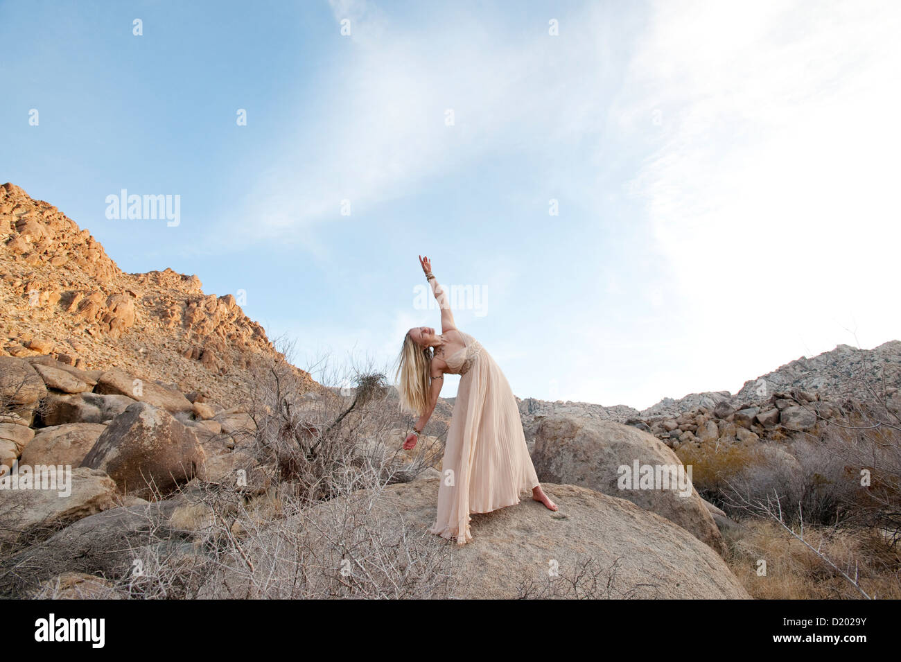 Beautiful woman in a formal gown expressing expansiveness in a wide ...
