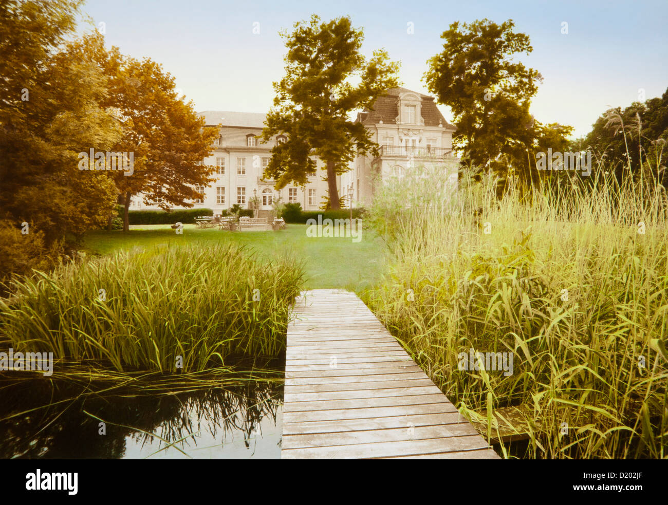 Pond and jetty in front of Zieten mansion, Wustrau, Brandenburg, Germany, Europe Stock Photo