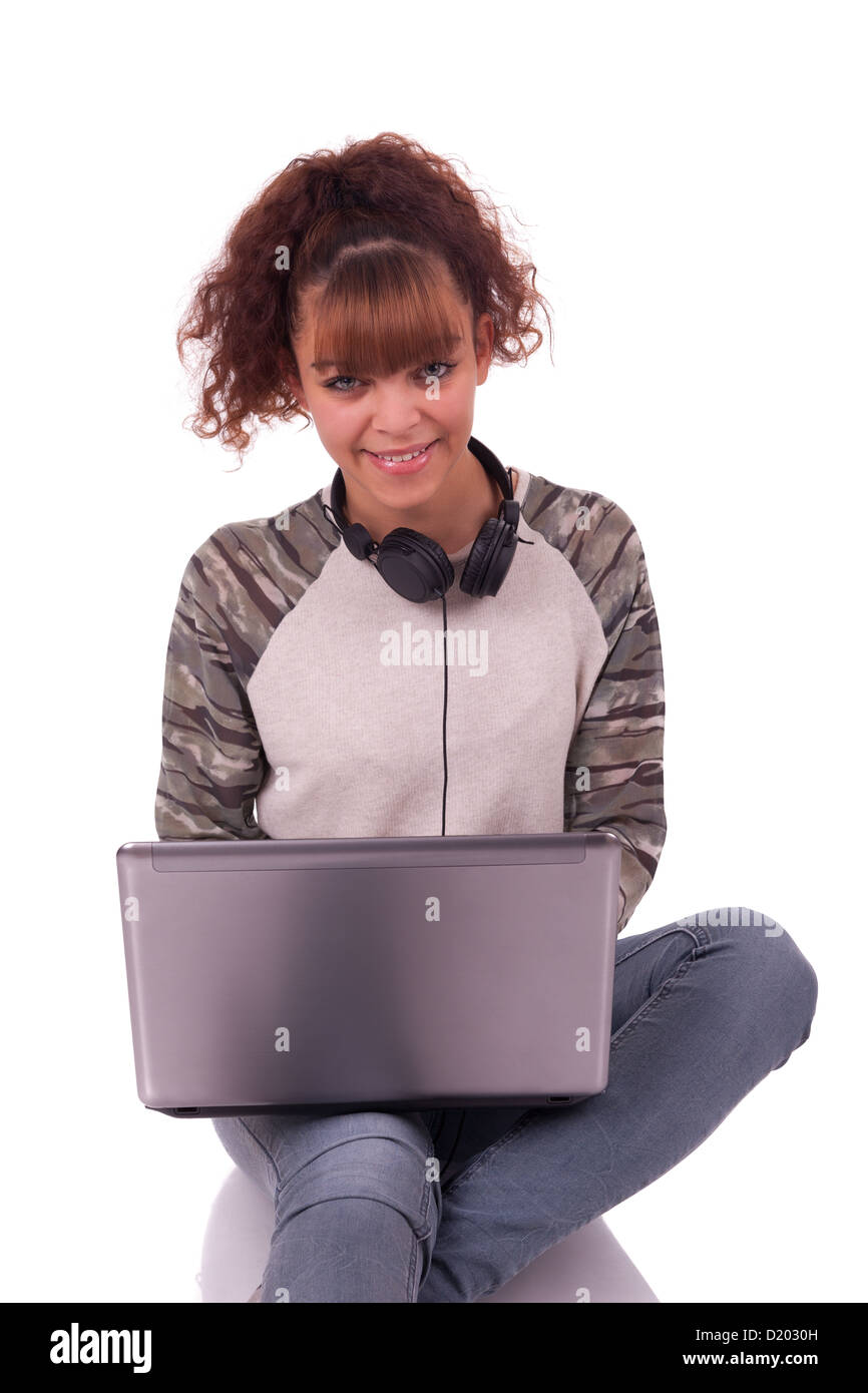 young Woman with laptop in background isolated Stock Photo - Alamy