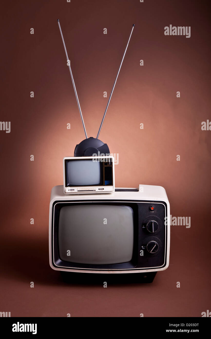 A set of retro style 70's TV sets with bunny ear antenna Stock Photo
