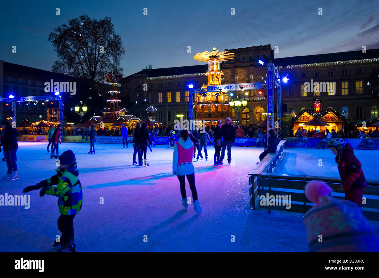 People ice skating at the Christmas market, Karlsruhe, Baden