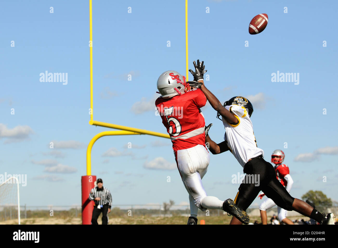 Defensive back makes contact with wide receiver while the pass is still in the air which resulted in a pass interference call by an official. USA. Stock Photo