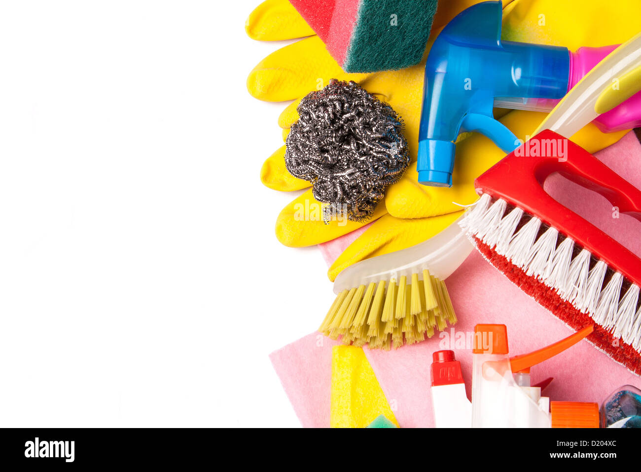Assortment of colored means for cleaning and washing Stock Photo