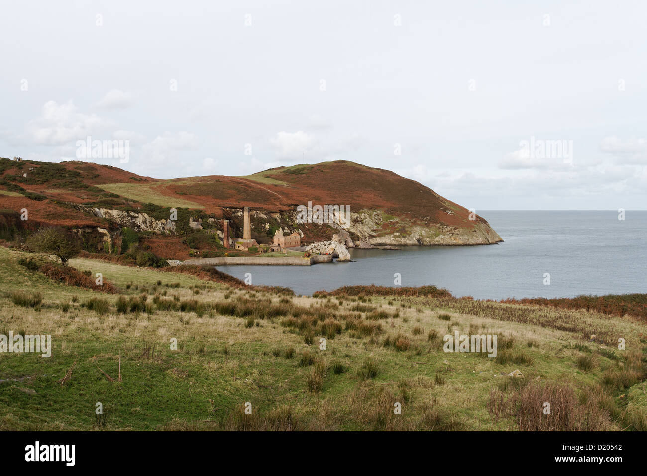 View of the former brickworks at Porth Wen from the Isle of Anglesey Coastal Path Stock Photo