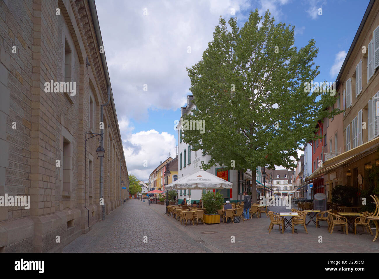 View of street cafes at Alte-Brauerei-Strasse and Bierstrasse, Saarlouis, Saarland, Germany, Europe Stock Photo