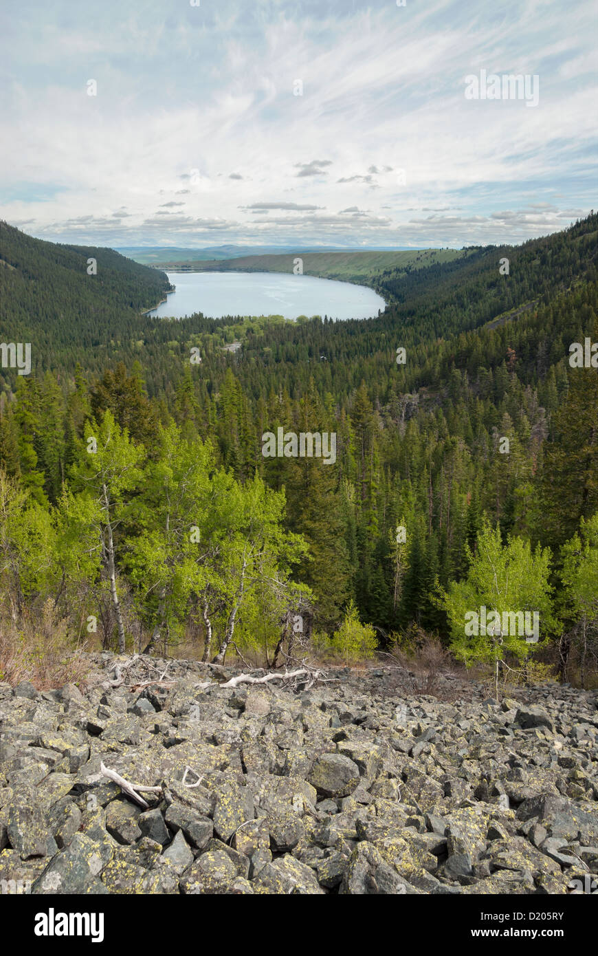 Talus slope in the Wallowa Mountains with Wallowa Lake in the distance Stock Photo