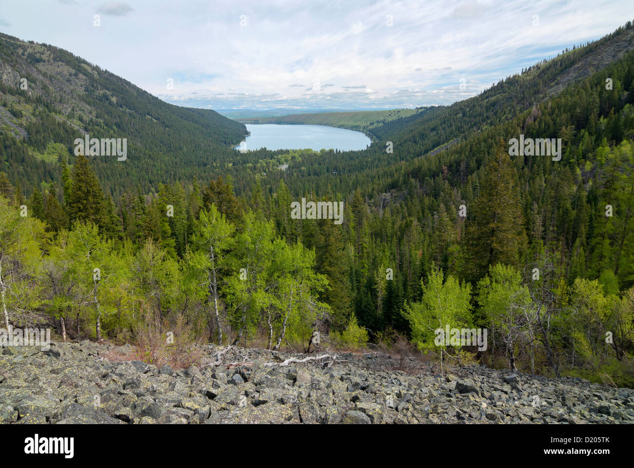 Talus slope in the Wallowa Mountains with Wallowa Lake in the distance. Stock Photo