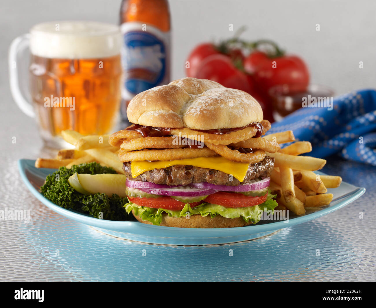 BBQ onion ring cheeseburger Stock Photo