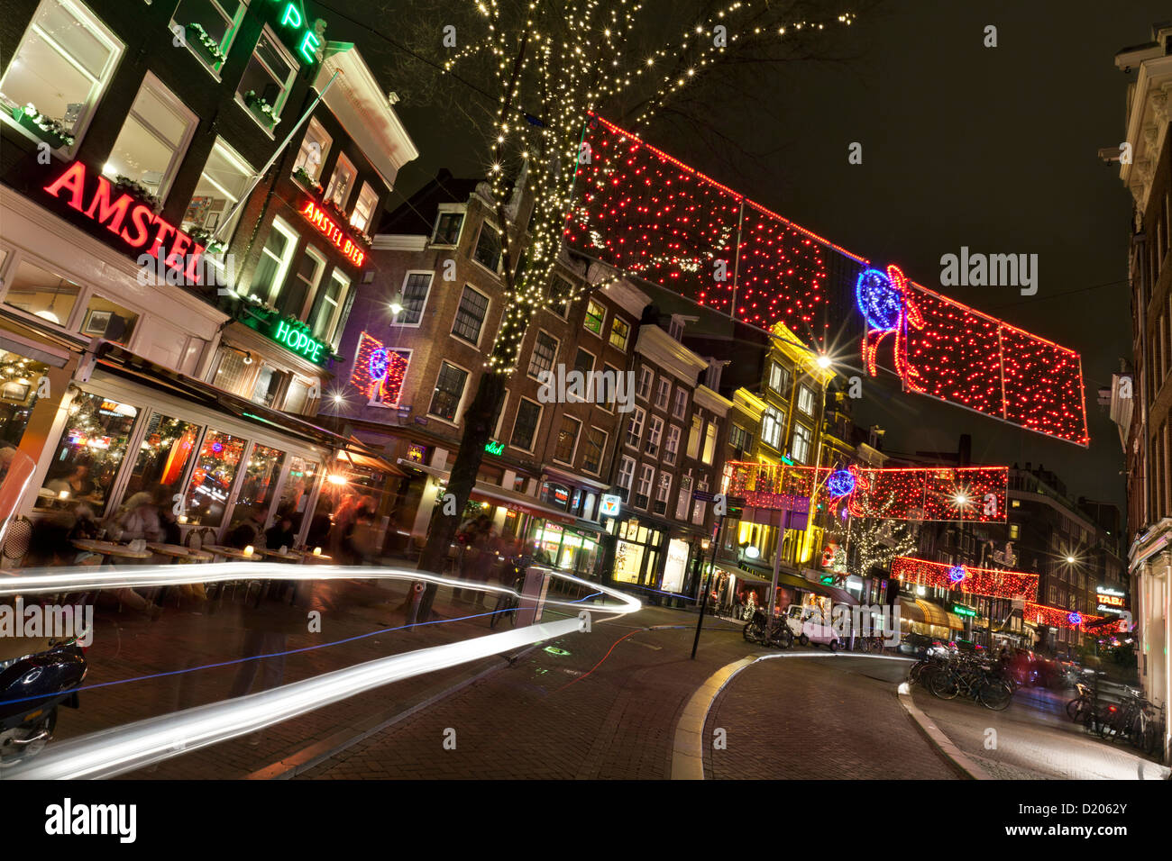 Cafés and Bars along the Spui at Christmas time, Christmas lights